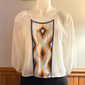 Cropped embroidered orange, white, & blue Aztec pattern blouse, elastic at wrist